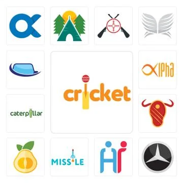 Set of cricket, mercedes, hr, missile, pomelo, steak house, caterpillar, alph Stock Illustration