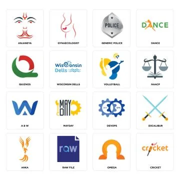 Set of cricket, omega, anka, devops, a &amp; w, volleyball, quiznos, generic poli Free Stock Illustration