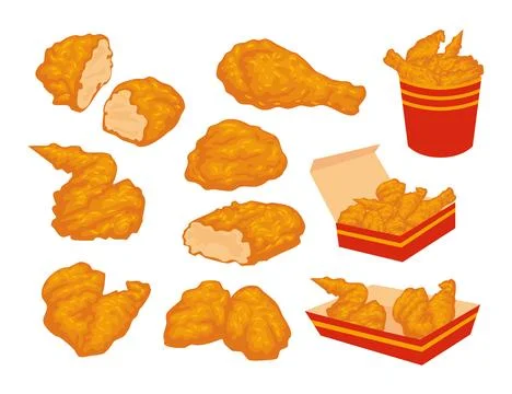 Set of Crispy Fried Chicken set Collection Cartoon, Delicious Fast Food Mea.. Stock Illustration