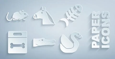 Set Crocodile, Fish skeleton, Dog bone, Swan bird, Horse head and Rat icon Stock Illustration
