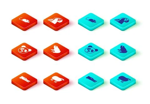 Set Crocodile, Sheep, Cute panda face, Frog, Macaw parrot and Rat icon. Vecto Stock Illustration