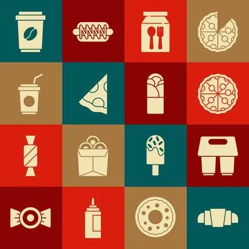 Set Croissant, Coffee cup to go, Pizza, Online ordering and delivery, Slice.. Stock Illustration