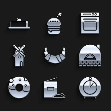 Set Croissant, Flour pack, Kitchen timer, Brick stove, Donut with sweet glaze Stock Illustration