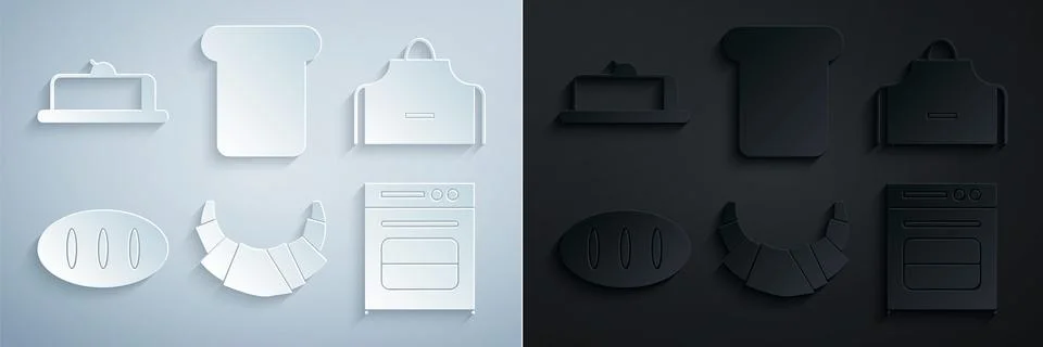 Set Croissant Kitchen apron Bread loaf Oven toast and Strawberry cheesecake s Stock Illustration