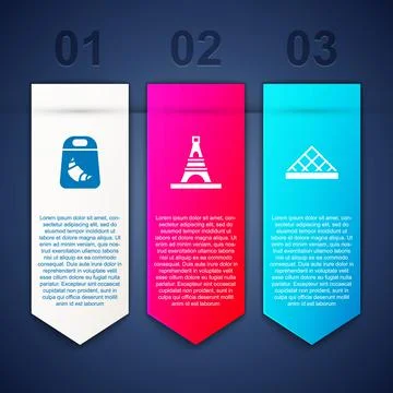 Set Croissant package, Eiffel tower and Louvre museum. Business infographic t Illustrazione stock
