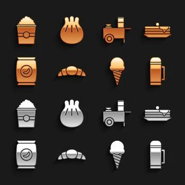 Set Croissant, Stack of pancakes, Thermos container, Ice cream waffle cone, B Stock Illustration