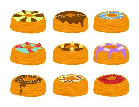 Set of cronut cake collection with various topping, melted filling, cronut .. Stock Illustration