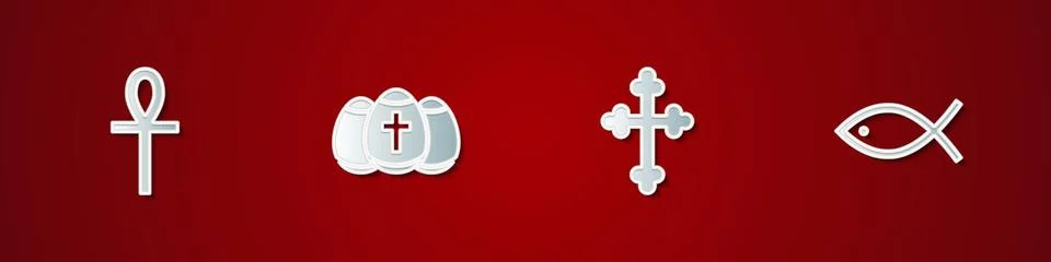Set Cross ankh, Easter egg, Christian cross and fish icon. Vector 스톡 일러스트