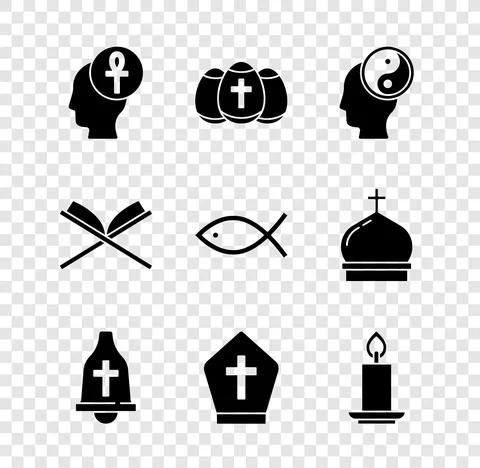 Set Cross ankh, Easter egg, Yin Yang, Church bell, Pope hat, Burning candle Stock Illustration