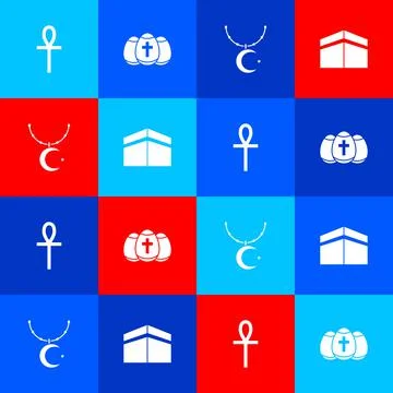 Set Cross ankh, Easter egg, Star and crescent on chain and Kaaba mosque icon. Stock Illustration