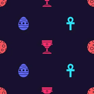 Set Cross ankh, Easter egg, Christian chalice and Moon on seamless pattern. V 스톡 일러스트