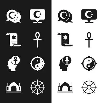 Set Cross ankh, Torah scroll, Star and crescent, Yin Yang, Dharma wheel and Stock Illustration