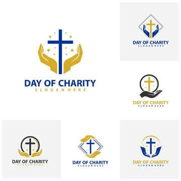 Set of Cross with hand logo vector template. Creative Cross logo design con.. Ilustração Stock