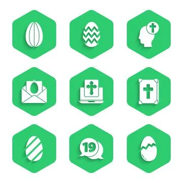 Set Cross on the laptop screen, Speech bubble with happy easter, Broken egg Stock Illustration