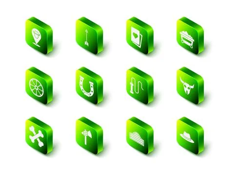 Set Crossed arrows, Deck of playing cards, Coal mine trolley, Buffalo skull Illustration