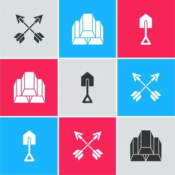 Set Crossed arrows, Gold bars and Shovel icon. Vector Illustration