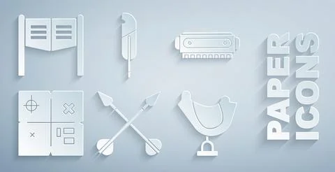 Set Crossed arrows, Harmonica, Treasure map, Wild west saddle, Feather pen and Stock Illustration