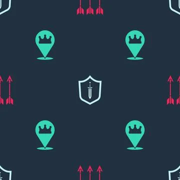 Set Crossed arrows, Medieval shield with sword and Location king crown on Stock Illustration