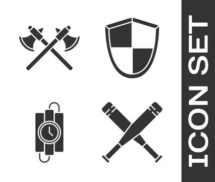 Set Crossed baseball bat, Crossed medieval axes, dynamite stick and timer clock Stockillustratie