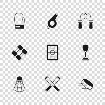 Set Crossed baseball bat, Punching bag, Hockey puck, Football field, Jump r.. Stock Illustration