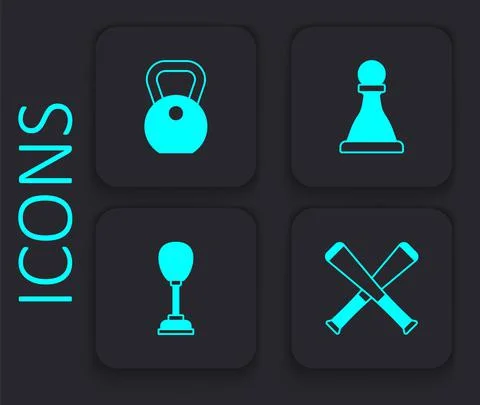 Set Crossed baseball bat, Weight, Chess and Punching bag icon. Black square Ilustración de archivo