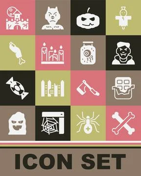 Set Crossed bones, Chocolate bar, Vampire, Pumpkin, Burning candle, Zombie Stock-Illustration