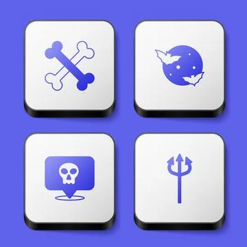 Set Crossed bones, Moon and stars, Skull and Trident devil icon. White square Illustrazione stock