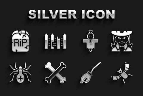 Set Crossed bones, Witch, Flying bat, Witches broom, Spider, Scarecrow, Tombs 스톡 일러스트