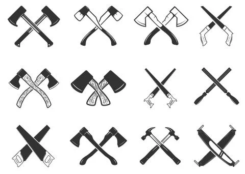 Set of the crossed carpenter tools. Design elements for logo, label, emblem, イラスト素材