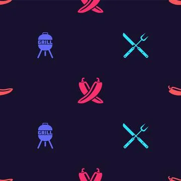 Set Crossed fork and knife, Barbecue grill, hot chili pepper pod and Hot on イラスト素材