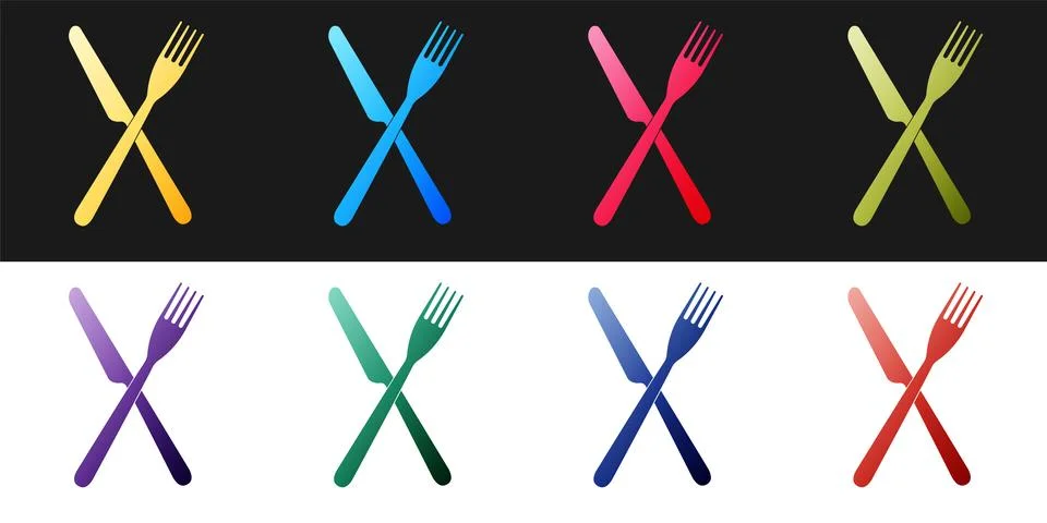 Set Crossed fork and knife icon isolated on black and white background Stock Illustration