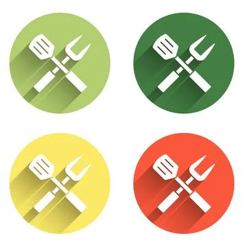 Set Crossed fork and spatula icon isolated with long shadow background. BBQ.. Stock Illustration