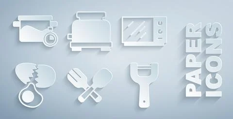 Set Crossed fork and spoon, Microwave oven, Broken egg, Vegetable peeler Stock Illustration