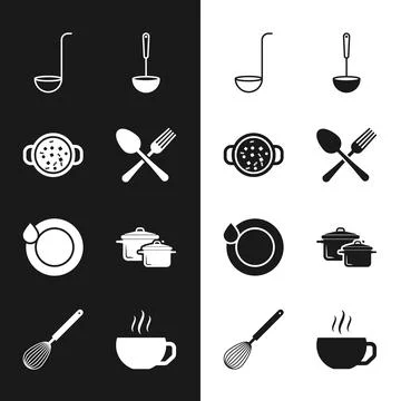 Set Crossed fork and spoon, Cooking soup in pot, Kitchen ladle, Washing dis.. Stock Illustration
