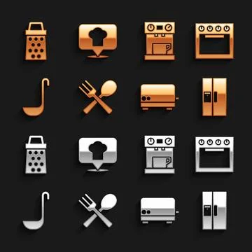 Set Crossed fork and spoon, Oven, Refrigerator, Toaster, Kitchen ladle, Cof.. Stock Illustration