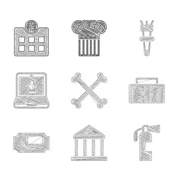 Set Crossed human bones, Museum building, Fire extinguisher, Exit sign, tic.. Ilustración de archivo