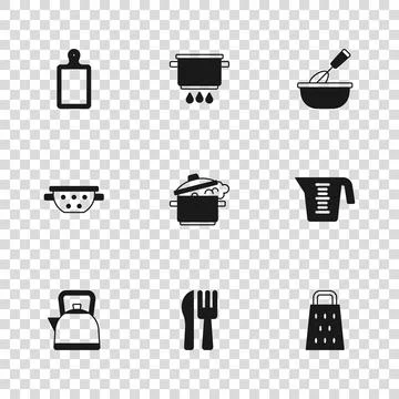 Set Crossed knife and fork, Measuring cup, Grater, Cooking pot, whisk with .. Stock Illustration