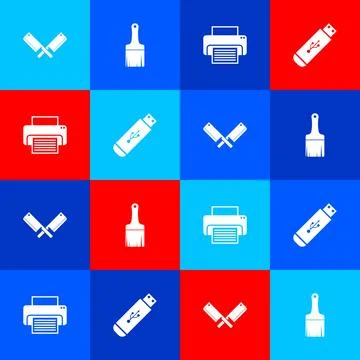 Set Crossed meat chopper, Paint brush, Printer and USB flash drive icon. Vector Stock Illustration