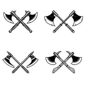 Set of crossed medieval axe isolated on white background. Design element for Stock Illustration