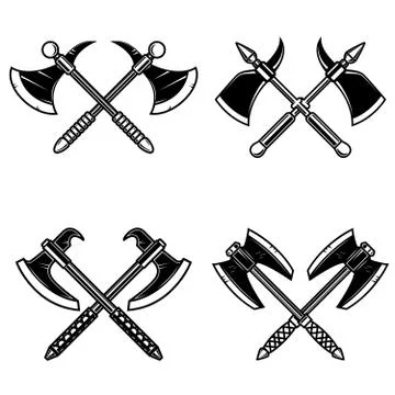 Set of crossed medieval axe isolated on white background. Design element for Stock Illustration