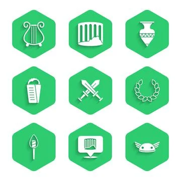 Set Crossed medieval sword, Ancient column, Helmet with wings, Laurel wreath Stock Illustration