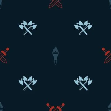 Set Crossed medieval sword, Torch flame and axes on seamless pattern. Vector Stock Illustration