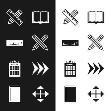 Set Crossed pencil, Ruler, ruler and, Open book, Hotel building, Arrow, Pixel Ilustración de archivo