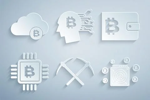 Set Crossed pickaxe, Cryptocurrency wallet, CPU mining farm, ASIC Miner, Bitcoin Stock Illustration