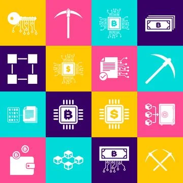 Set Crossed pickaxe, Proof of stake, Pickaxe, CPU mining farm, Processor ch.. イラスト素材