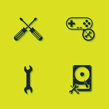 Set Crossed screwdrivers, Hard disk service, Wrench and Gamepad icon. Vector Stock Illustration