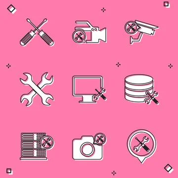 Set Crossed screwdrivers, Video camera service, Security, wrenchs, Computer.. Stock Illustration