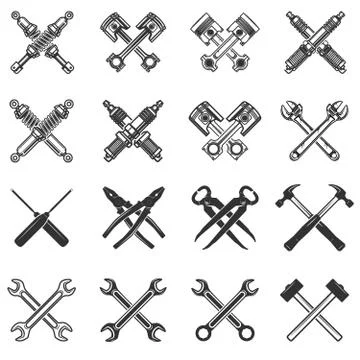 Set of the crossed tools and car parts. Design elements for logo, label, embl Illustrazione stock