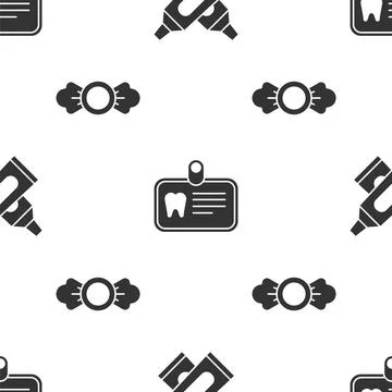 Set Crossed tube of toothpaste, Id card with tooth and Candy on seamless pattern Illustrazione stock