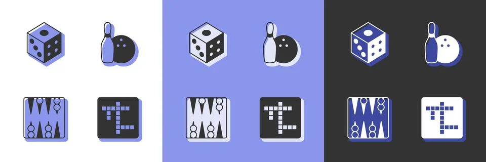 Set Crossword, Game dice, Backgammon board and Bowling pin and ball icon. Vector Illustrazione stock